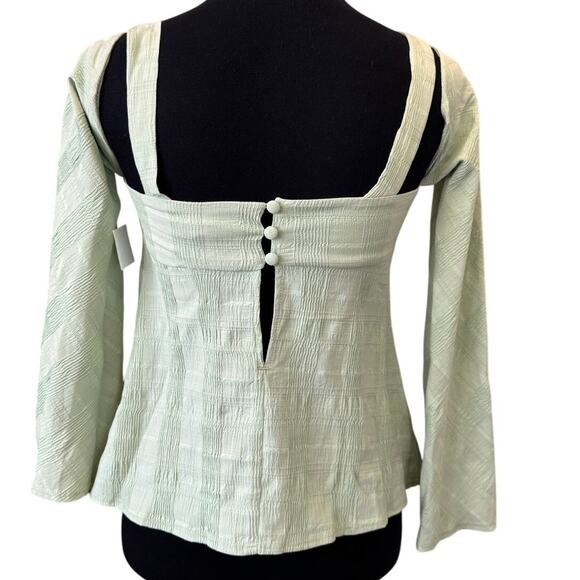 New TOPSHOP Green Plaid Long Sleeve Cold Shoulder Blouse Top Size 4 - Picture 5 of 7